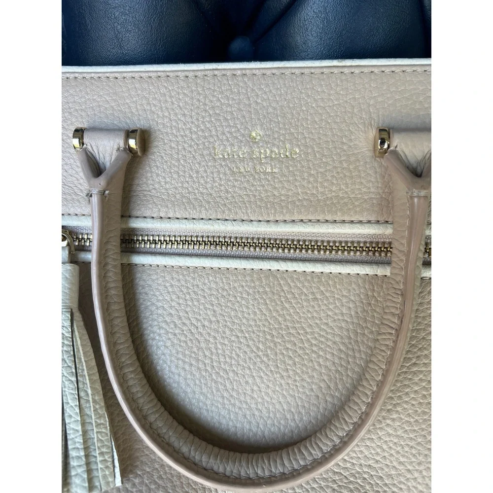 Kate Spade New York Beige Pebbled Leather Tassel Satchel Crossbody Bag PXRU6016